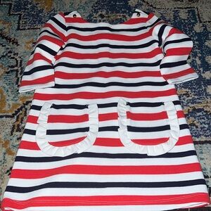 Janie and Jack red/white/blue dress. Gold buttons. Ruffle accent pockets. 4 EUC